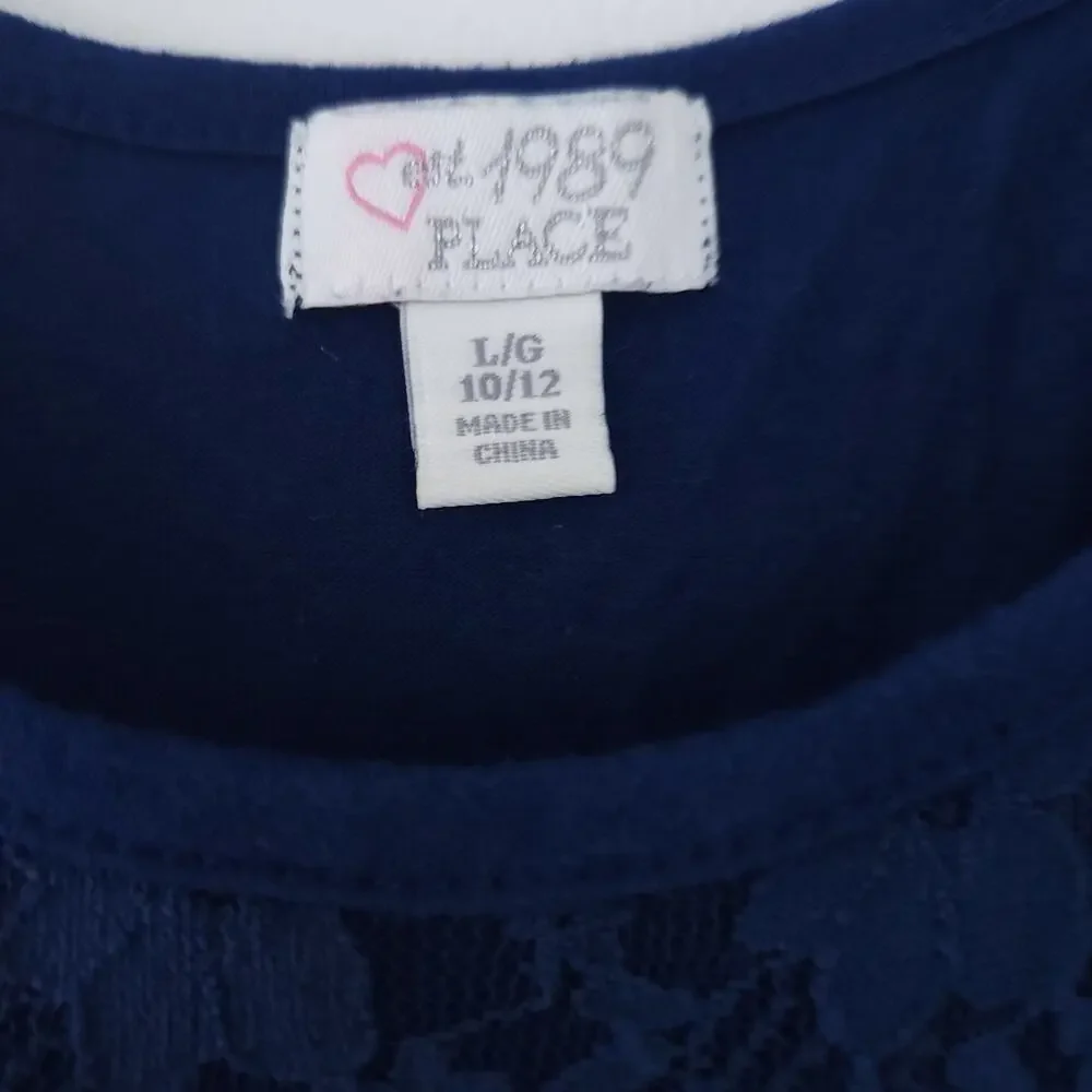 Children's Place Floral Dress Girls Size Large 10/12 Navy Blue White Flowers